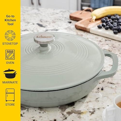 Lodge 3.6 Quart Oval Enameled Cast Iron Braiser Pan Casserole With Lid – Dual Handles – Stovetop, and Oven Safe up to 500° F - Use to Marinate, Cook, Bake, Refrigerate and Serve – Desert Sage thumbnail 5