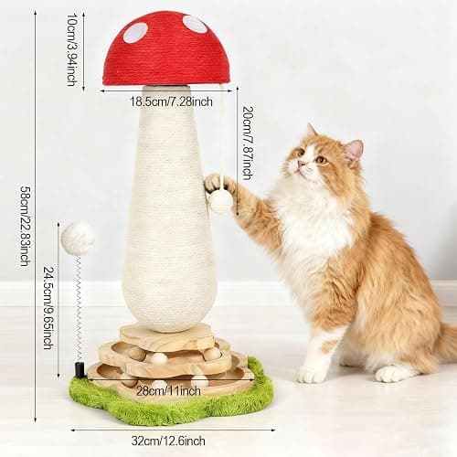Mushroom Cat Scratching Post Cat Tree, Cute Cat Scratcher Tower with Interactive Ball Two-Layer Track Spring Ball Toys, Mushroom Scratch Post Cat Sisal Scratcher with Catnip for Indoor Cats thumbnail 2
