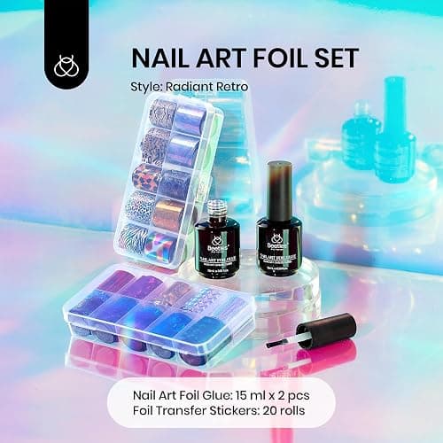 Beetles Nail Foil Art Kit, 20 Pcs Nail Foils Transfer with 30ml Nail Foil Glue Gel for Nails - Metal Holographic Leopard Stickers Gels Nail Polish Set LED Lamp Required Soak Off Manicure Nails Art DIY thumbnail 5