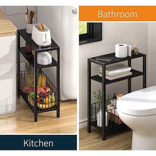 Yoobure Narrow Side Table with Storage Basket, Small End Table for Small Spaces, Skinny Side Tables Living Room Bedroom Office, Slim Nightstand 3 Tier Bedside Table Space-Saving for Magazine, Black thumbnail 8