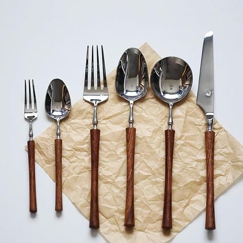 24 Piece Silverware Set Service for 4,Imitation Wooden Handle Steel Flatware Set Vintage Embossed Cutlery Utensil Set Home Kitchen Eating Tableware Set Include Fork Knife Spoon Set Dishwasher Safe - Image 1