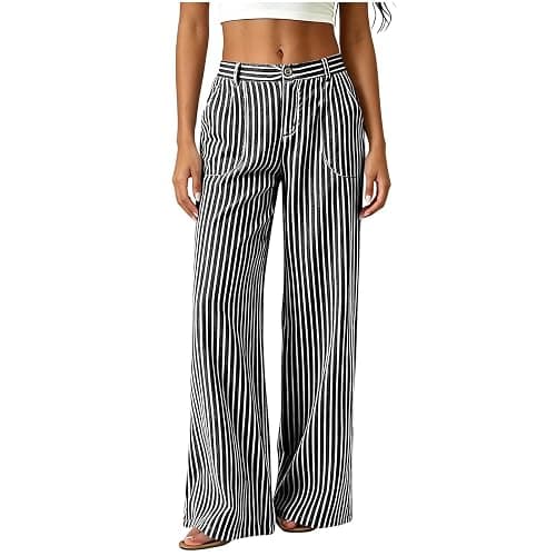 Wkishenl Fashion Striped Linen Pants for Women High Waisted Straight Leg Palazzo Trousers Casual Wide Leg Pant with Pockets thumbnail 4