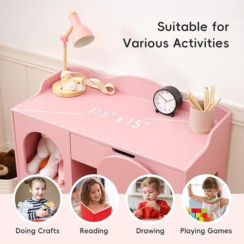OOOK Kids Study Table and Chair Set, Wooden Kids Desk and Chair Set, Toddler Art Desk with Storage, Children Writing Table for 5-12 Years Old, Home School Use, Pink thumbnail 6