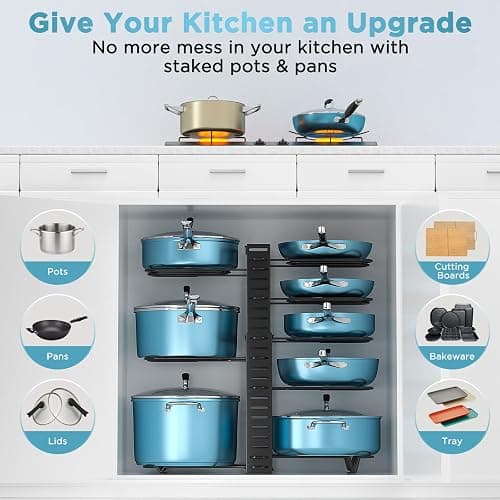 ORDORA Pots and Pans Organizer for Cabinet Expandable Height 11.65'' to 19", 8 Tier Pot Organizers Rack with 3 DIY Methods, Adjustable Pan Organizer under Cabinet Kitchen Organization and Storage thumbnail 7