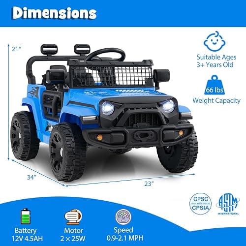 Costzon 12V Kids Ride on Car Truck with Remote Control (Blue, 34"×23"×21") | Foldable Mirrors, 3 Speeds, LED Lights, Music & Horn, Battery Powered Electric  Vehicle for Toddlers, Ride on Toys thumbnail 3