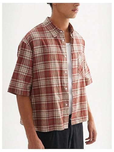 GORGLITTER Men's Plaid Cropped Shirt Gingham Button Up Short Sleeve Checkered Vintage Streetwear Crop Tops Tee thumbnail 3