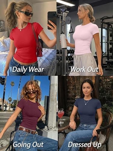 Trendy Queen Womens Fitted Short Sleeve Shirt Buttery Soft Top Stretchy Tee | Crewneck Crop, Basic T, Workout Gym Outfits, Cute Summer, Y2k Going Out, Fashion Clothing, Compression Streetwear thumbnail 7