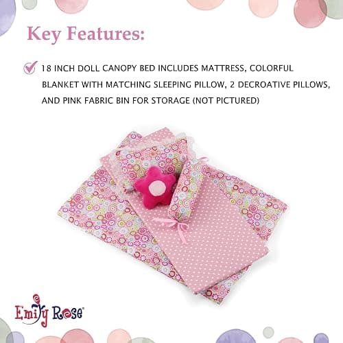 Emily Rose 18" Doll Canopy Bed with 5-Piece Bedding Set and Doll Clothes Clothing Storage Drawer - 18-inch Doll Bedroom Furniture & Accessories | USA Business | Ideal Bed for 14"-19" Dolls thumbnail 4