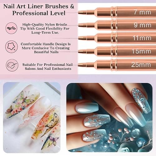 5pcs Nail Art Liner Brushes,Liner Brush For Nails Gel,Painting Art Design Brush Set Nail Dotting Drawing Tool For Long Lines, Thin Details, Fine Drawing Sizes 7/9/11/15/25mm（Rose Golden） thumbnail 6