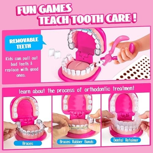ULOVEME Kids Dentist Play Set Pink with Braces /Removable Teeth /Retainer - Doctor Kit for Toddlers 3-5 - Educational Toys for 4+ Year Old Girls - Pretend Play Toy for Ages 5-7 (Fushia) thumbnail 3