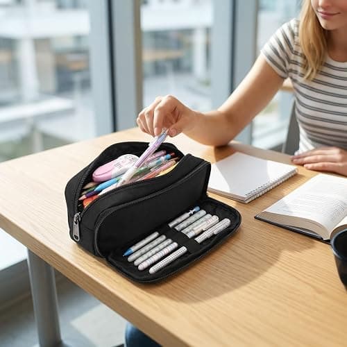 Della Gao Large Pencil Case, Big Capacity Pencil Pouch with 2 Compartments, Office Pencil Bag with Zipper, Big Pen Case for Adults (01-Black) thumbnail 2