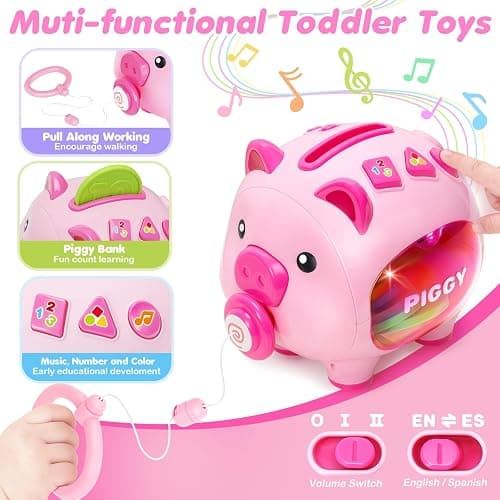 Musical Piggy Bank for Kids, 1 Year Old Learning Toy with Coin Recognition | Recognizes Coin Numbers and Colors with Music and Quiz Play; Pull-along Design Supports Early Learning and Motor Skills. thumbnail 4