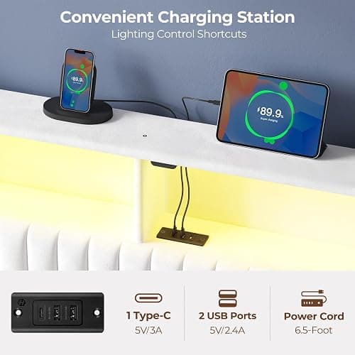 Rolanstar Headboard for Twin Size Bed with Storage, Head Board with USB & Type C Port, 60,000 DIY Color of LED Light, Velvet Upholstered, Height Adjustable, Sturdy, Easy Assembly, White thumbnail 6