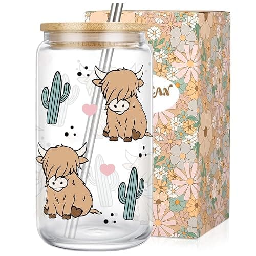 LEADO Highland Cow Cup, Cute Coffee Mug, 16 oz Glass Cups with Lids and Straws - Highland Cow Gifts for Women, Girls, Mom - Christmas, Birthday Gifts for Coffee Lovers Women, Cowgirls, Cute Stuff - Image 1