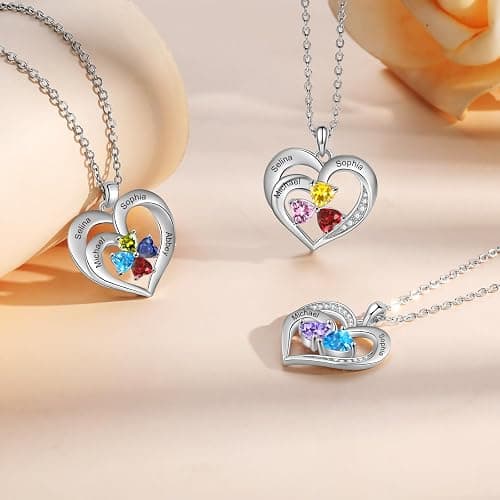 Sterling Silver Personalized 2 Names Necklace with 2 Heart Simulated Birthstone Couple Pendant Necklace for Women thumbnail 6