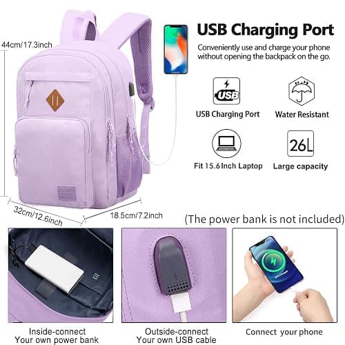KEOFID Classic Travel backpack for Men and Women, Anti Theft Laptop Backpack with USB Charging Port for Work, Large Bag for College, Water Resistent(Purple) thumbnail 4