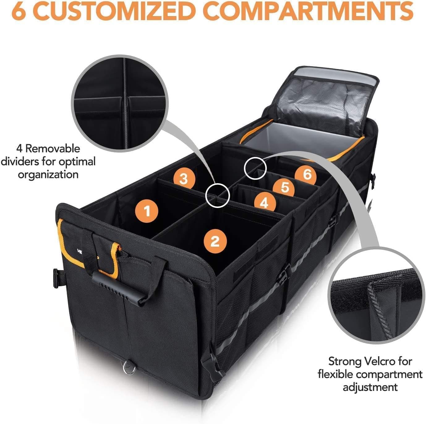 Large Trunk Organizer With Built-in Leakproof Cooler Bag,Car Organizers and Storage for SUV 4 Removable Dividers Collapsible Portable Non-Slip Bottom Tie Down Strap,Car Accessories thumbnail 3
