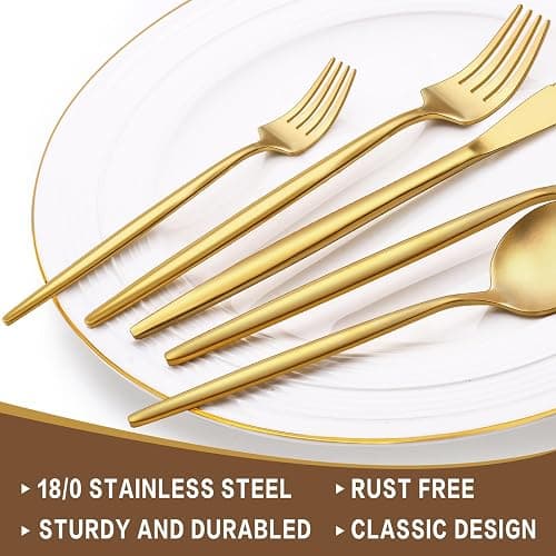 60-Piece Gold Silverware Set, Flatware Set for 12, Food-Grade Stainless Steel Cutlery, Includes Spoons Forks Knives, Kitchen Cutlery for Home Office Restaurant Hotel thumbnail 3