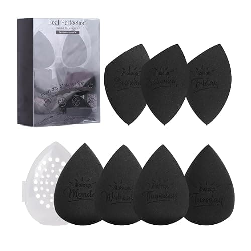 Real Perfection Makeup Sponge Set Blender Sponges, Latex-Free Beauty Makeup Sponges 7 pcs with 1 Travel Container Case for Blending Foundation Liquid Cream and Powder (Black) - Image 1
