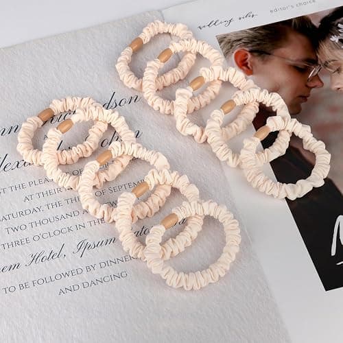 JessLab Scrunchy Hair Ties, 10 Pcs Silk Satin Hair Ties Ponytail Holders Gentle Elastic No Damage Scrunchies Hair Bands Stretchy Hair Accessories for Girls Women Ladies, Beige thumbnail 4