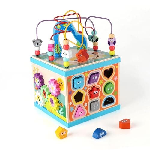 Qilay Wooden Activity Cube for Toddlers 1-3 (Large), 5 in 1 Multipurpose ABC-123 Abacus Bead Maze Shape Sorter | Early Educational Toy for Toddlers - First Birthday Present for Boys Girls thumbnail 9