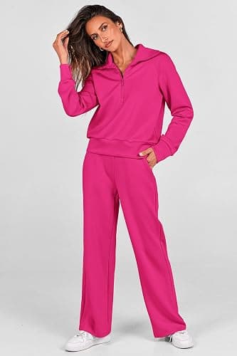 PRETTYGARDEN Women's 2 Piece Outfits Casual Lapel Half Zip Sweatshirts and Wide Leg Pants Tracksuit Sets thumbnail 4