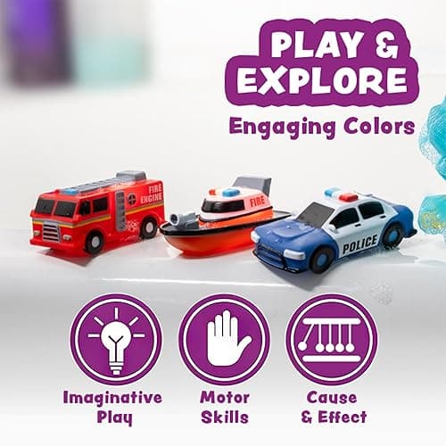 Tub Works® Emergency™ Cars Light Up Bath Toys, 6 Pack | Water-Activated Light Up Toys Flash & Change Color | Soft, Squeezable Baby & Toddler Bath Toys | Sensory Toys with Bath Lights for Kids Bath thumbnail 8