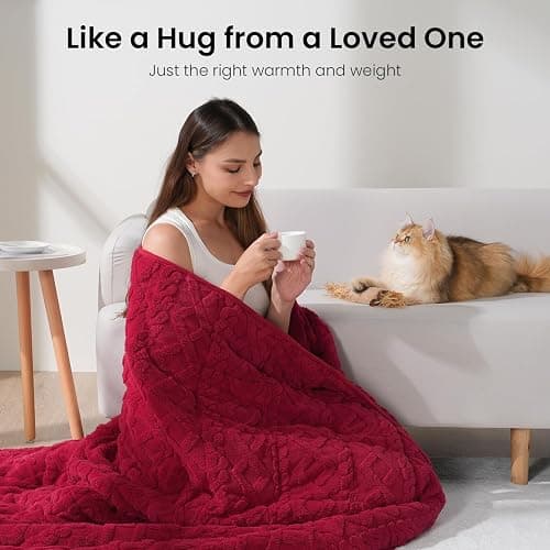Drewin Adults Weighted Blanket Queen Size 15 lbs, 3D Stylish Fluffy Jacquard Sherpa Weighted Blankets for Sofa Bed, Cozy Thick Winter Heavy Blanket for Calming, Ceramic Beads, 60 x 80 inches, Red thumbnail 4