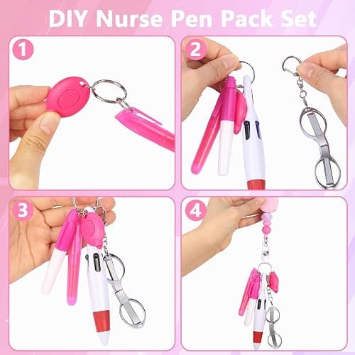6 Pcs Nurse Badge Accessories Nurse Pen Pack Set Including Retractable Badge Reel Clip, Mini Highlighter, Permanent Marker, Ballpoint Pen, LED Keychain Flashlight, Folding Scissors, Pink thumbnail 4