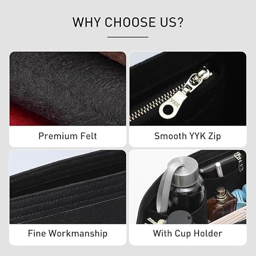 Bag Organiser for Longchamp, Black Felt Handbag Insert Organizer with Zipper, Multi-Pocket, 7 Compartments, Elegant Classic Style thumbnail 5