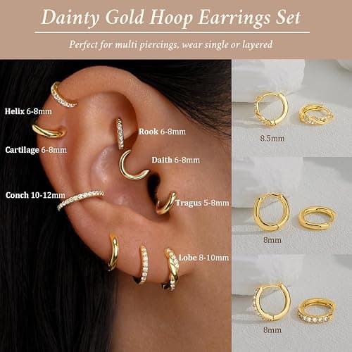Poxtex Small Sterling Silver Huggie Hoop Earrings Set for Women, Hypoallergenic 14K Gold Plated Hoops Stacks for Multiple Piercings, Dainty Cute Mini Lightweight Cartilage Studs Trendy Jewelry Gift thumbnail 4