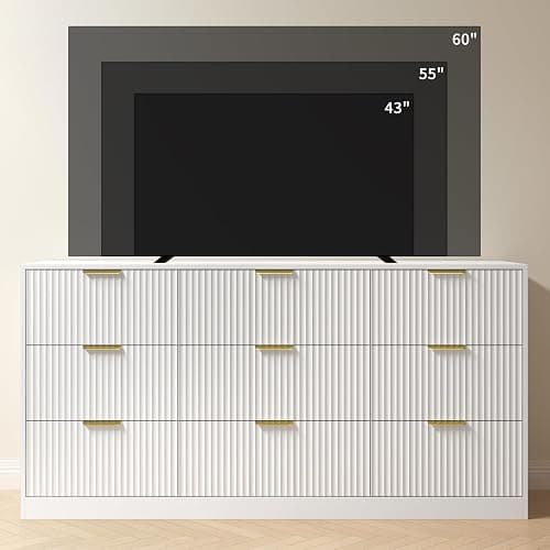 NOVAMAISON White Dresser for Bedroom with 9 Drawers, 63” Wide White Fluted Dresser Modern Chest of Drawers with Gold Handles, Wooden TV Stand Storage Organizer for Bedroom, Living Room thumbnail 6