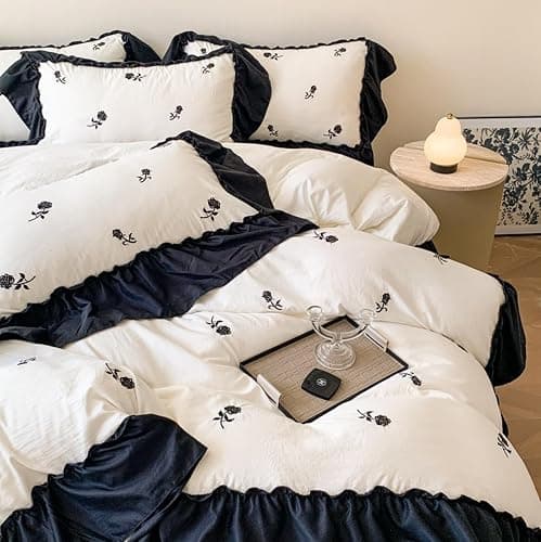Sedefen Housse de Couette 140x200cm Volants Fleurs Broderies Parure de Lit Blanc Noir Feuille de Lotus 1 Personnes Ado Linge de Lit en Microfibre avec Fermeture Éclair et 1 Taie d'oreiller 65x65cm thumbnail 4
