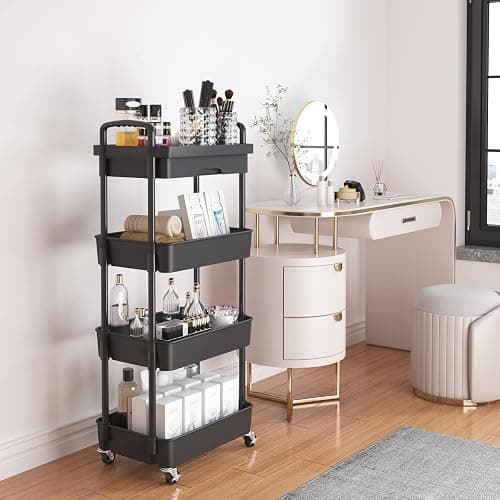 Calmootey 4-Tier Rolling Utility Cart with Drawer,Multifunctional Storage Organizer with Plastic Shelf & Metal Wheel,Storage Cart for Kitchen,Bathroom,Living Room,Office,Black thumbnail 2