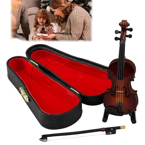 10CM Miniature Violin - Tiny Wooden Musical Instrument Model with Stand, Bow & Black Leather Case - Worlds Smallest Emergency Violin for Kids Gift & Decorating - Image 1