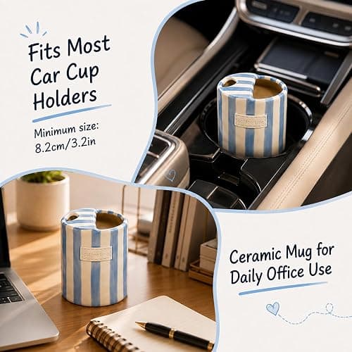 KOIMYSA Ceramic Coffee Mug with Sip Hole 12oz, To Go Ceramic Mug Striped | Hand Painted Espresso Cups Ceramic for Iced Coffee Tea Latte Matcha, Kitchen Dining Travel, Light Blue thumbnail 6