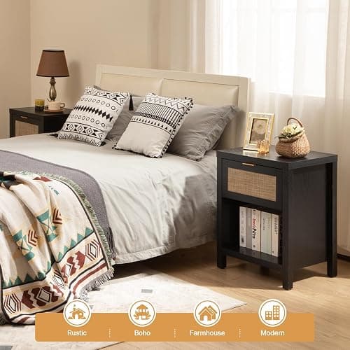 SICOTAS Rattan Night Stands Set of 2, Farmhouse Nightstand Bedside Table with Drawer and Storage Shelf, Boho End Side Table for Bedroom, Small Space, Black Oak thumbnail 8