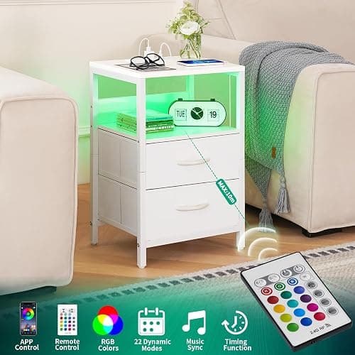 Yoobure Nightstand with Charging Station, LED Night Stand with Fabric Drawers and Storage Shelf for Bedroom, Nightstands Bedside Tables with USB Ports & Outlets, Small Night Stands, Bed Side Table thumbnail 5