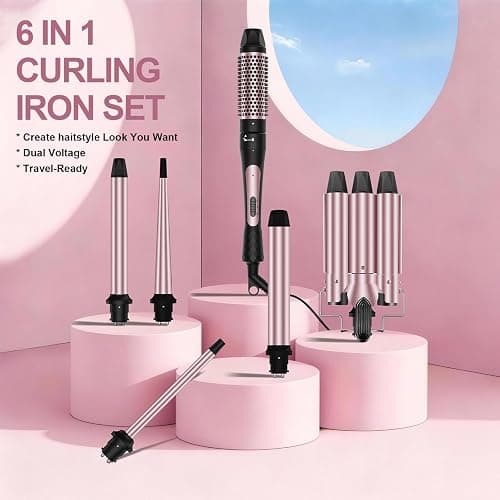 6 in 1 Wand Curling Iron Set, 3 Barrel Curling Wand Set with Thermal Brush (1.5") and 5 Interchangeable Ceramic Hair Wand Curler (0.35"-1.25"), Home Travel Multi Curl, 2 Temp 30S Instant Heat Up thumbnail 7