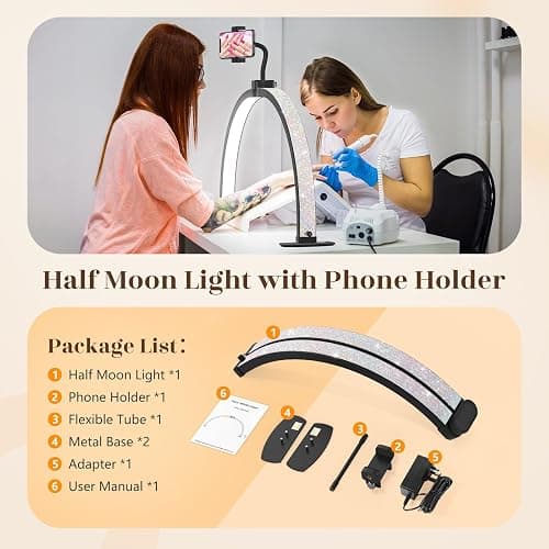 Yokilly Half Moon Light for Nail Desk: 29" Foldable Nail Light for Desk | Arch Nail Tech Light with Phone Holder for Beginner - 3 Color Modes & 10 Brightness for Manicure Salon-Black thumbnail 7