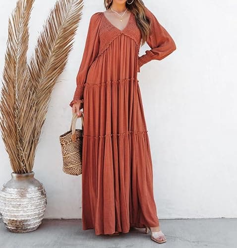 R.Vivimos Maxi Dress for Women Long Sleeve V Neck Empire Waist Layered Ruffle Boho Casual Flowy Long Dresses thumbnail 2