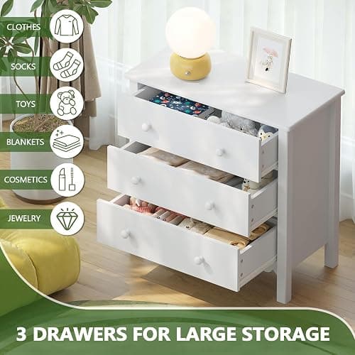 Vikiullf White Nightstand with 3 Drawers, Modern Bedroom Night Stand, Large Bedside Table,27.56 x 13.78 x 26.97 inches thumbnail 3