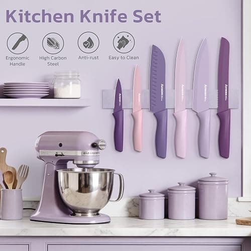 Astercook Knife Set, 13 Pieces Kitchen Knives Set with Healthy Anti-Rust Coating, Dishwasher Safe, Stainless Steel Chef Knife Sets with 6 Blade Guards, Perfect Holiday Gifts for Kitchen Purple thumbnail 4