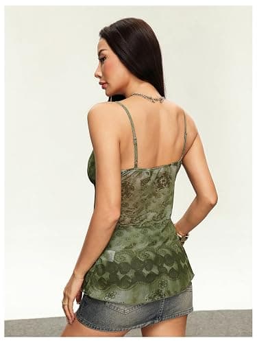 Verdusa Women's Y2k Mesh Tank Top Babydoll Floral Camisole 2000s Clothing Ruffle Going Out Tops Whimsical Clothes thumbnail 3