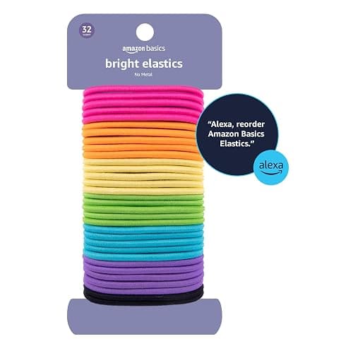 Amazon Basics No Damage Elastic Hair Ties, Ponytail Holders for Thick Hair, No Pull, Secure Hold, Snag-Free, Bright 4 MM Elastics for All Types, 32 Count thumbnail 6