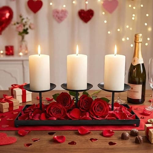 flangairy 3 Pillar Black Metal Candle Holders for Table Centerpiece, Fall Thanksgiving & Halloween Dining Table, Fireplace Mantel Decor, Tray Candlestick for Living Room Rustic Decorations thumbnail 9