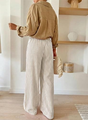 Acelitt Women Casual Drawstring Elastic Waist Striped Wide Leg Pants with Pockets, S-XXL thumbnail 4