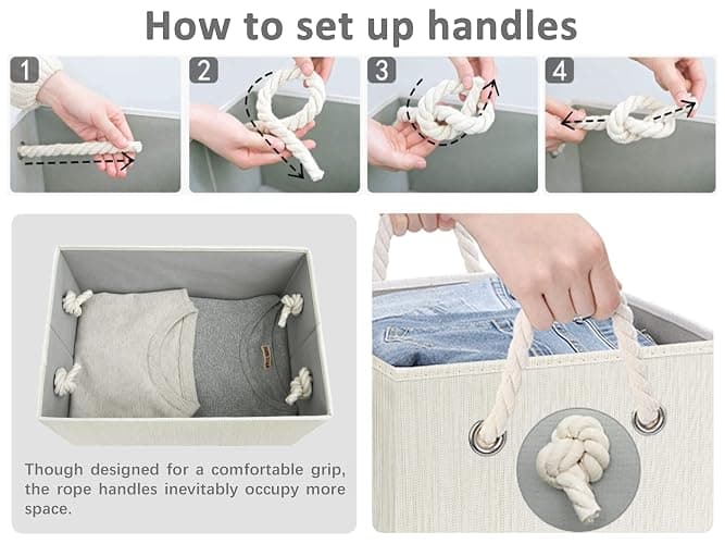 StorageWorks Storage Bins with Lids, Decorative Storage Boxes with Lid and Soft Rope Handles, Foldable Storage Baskets for Closet, Shelves, Stackable, 3-Pack, Ivory and White, Large thumbnail 4