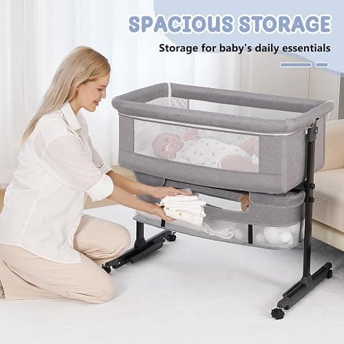 Semphis Baby Bassinet, 3 in 1 Bassinets Bedside Sleeper, Adjustable Height Bedside Sleeper with Rocking Mode, Breathable Mesh, Storage Basket, Wheels, Easy Assemble & Folding (Gray) thumbnail 4