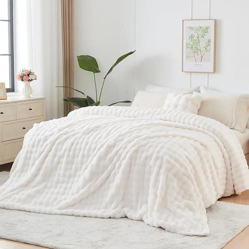 NEWCOSPLAY Faux Fur Queen Blanket Ivory Bubble Blanket Thick Warm Soft for Couch Sofa Bed 550GSM (Ivory, Queen(90"x90")) - Ivory - Queen(90"x90") thumbnail 4